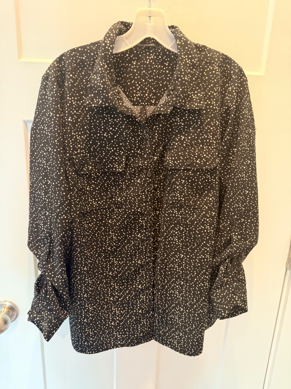 Notations Black Polka Dot Button Front Blouse Roll Tab Sleeve Pockets Size L